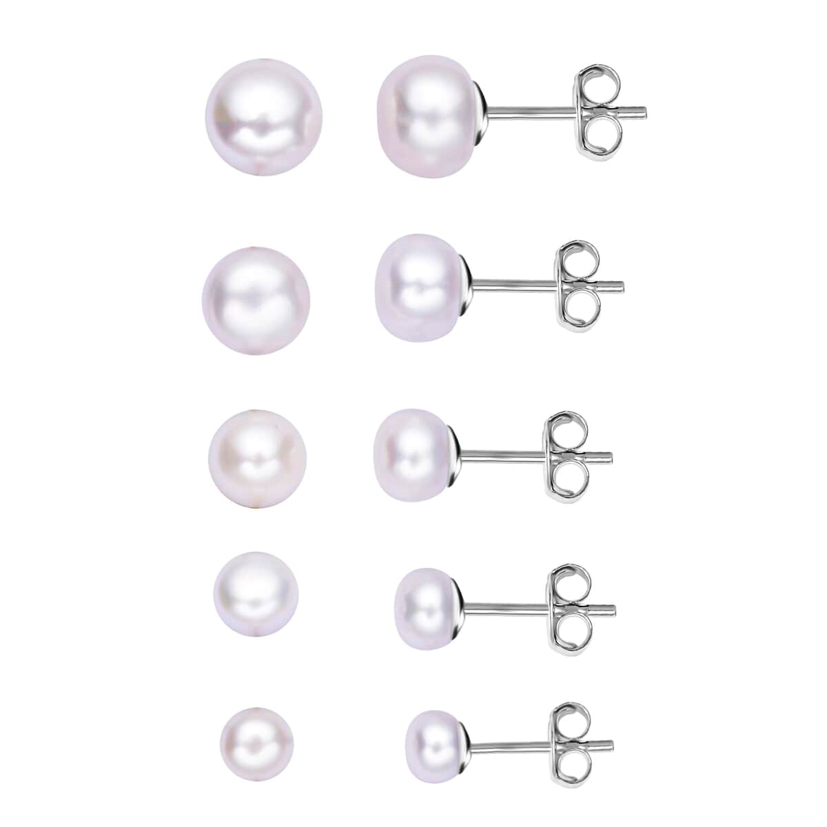Set of 5 Freshwater White Pearl Stud Earrings in Stainless Steel image number 0