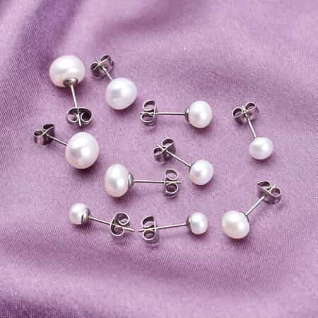 Set of 5 Freshwater Cultured White Pearl Stud Earrings in Stainless Steel, Solitaire Pearl Earrings, Pearl Jewelry For Women image number 1