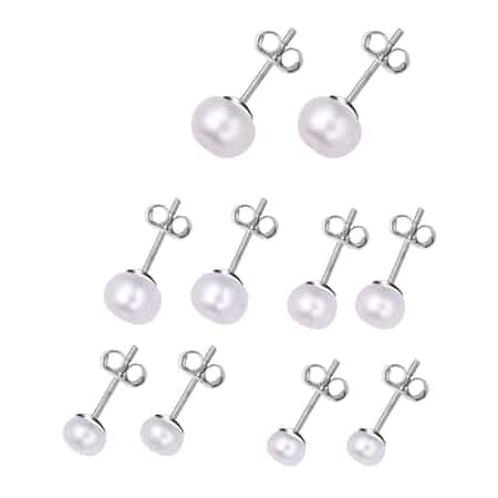 Set of 5 Freshwater White Pearl Stud Earrings in Stainless Steel image number 2