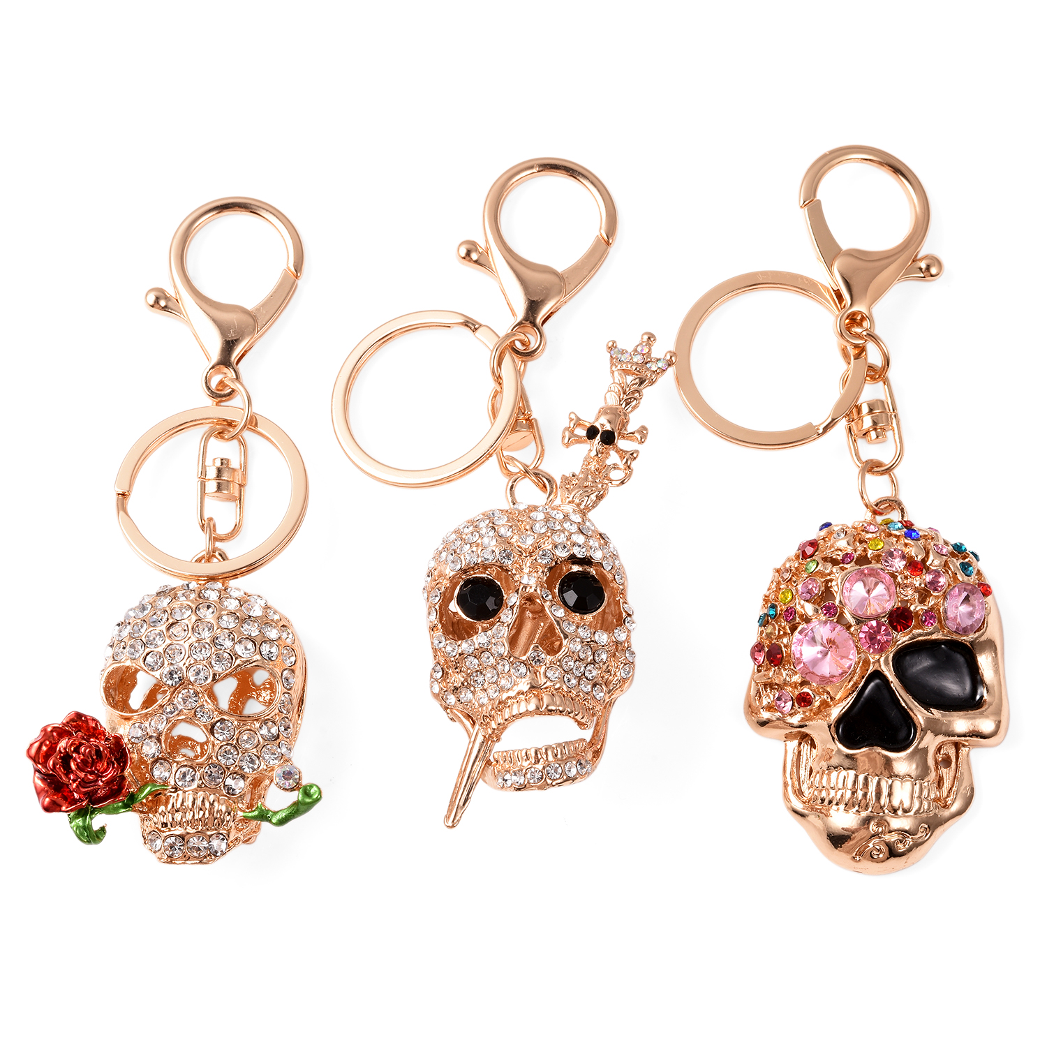 Set of 3 Austrian Crystal, Enamelled Triple Skull Design Keychains in Goldtone