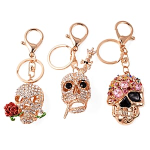 Set of 3 Austrian Crystal, Enamelled Triple Skull Design Keychains in Goldtone