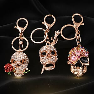 Set of 3 Austrian Crystal, Enamelled Triple Skull Design Keychains in Goldtone
