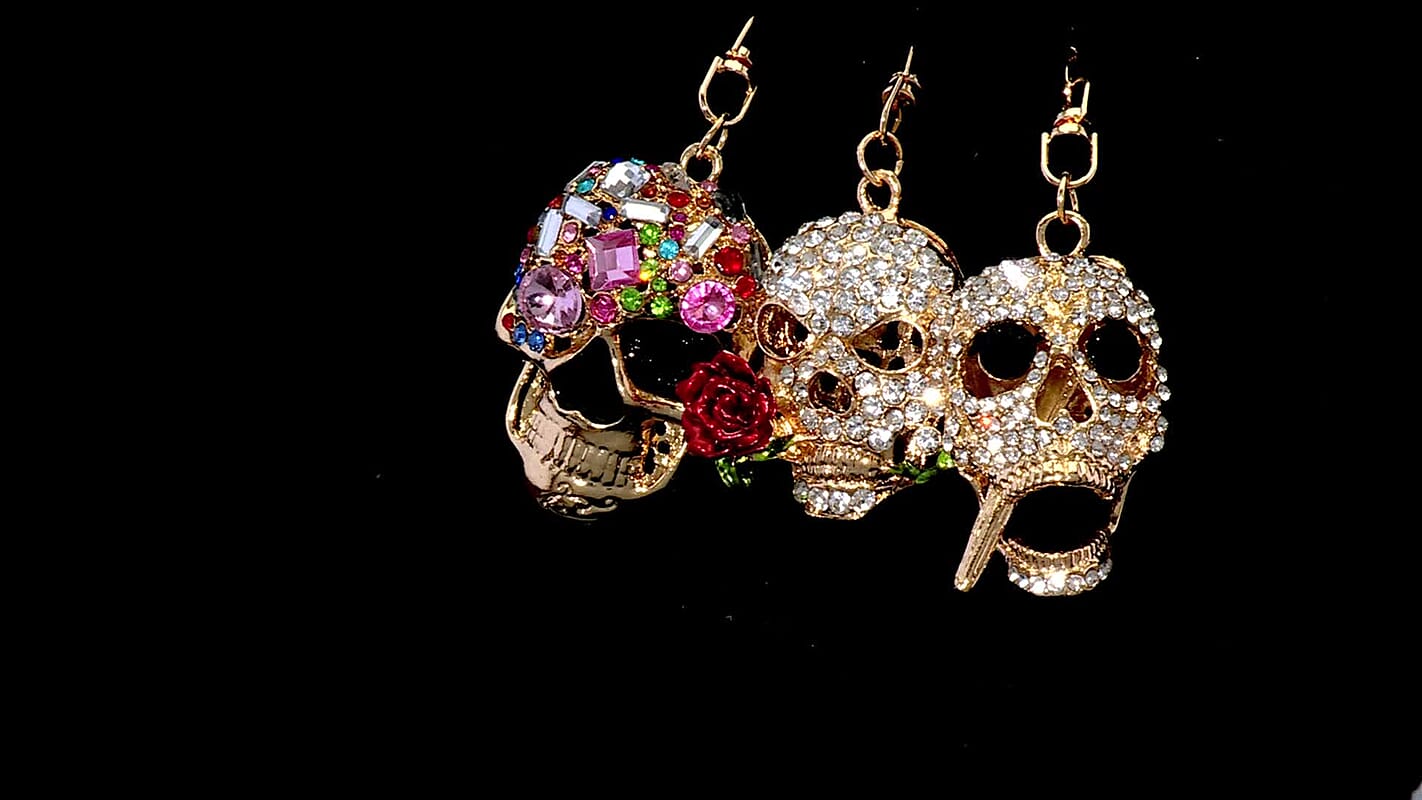Set of 3 Multi Color Austrian Crystal, Enamelled Triple Skull Design Keychains in Goldtone