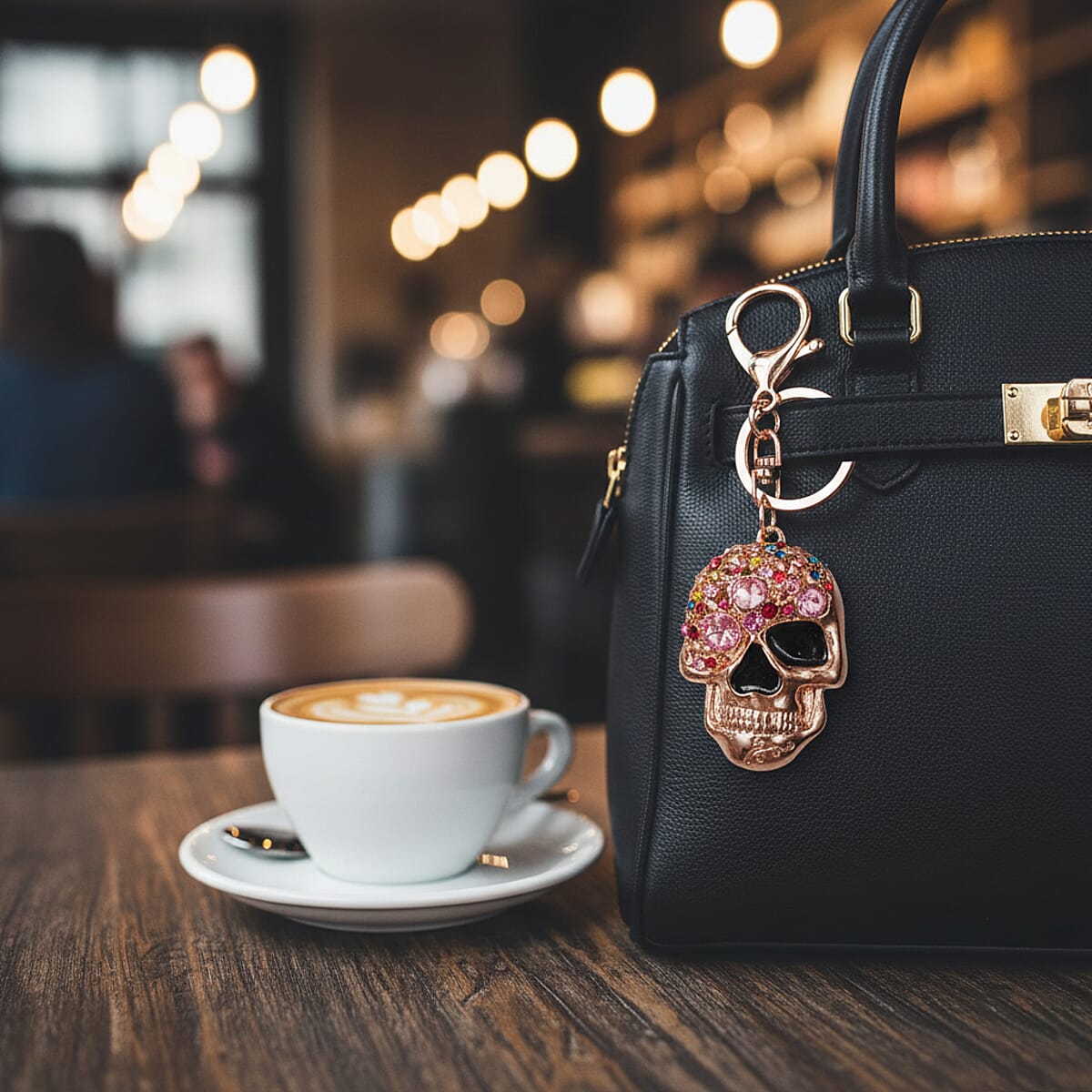 Set of 3 Austrian Crystal, Enamelled Triple Skull Design Keychains in Goldtone image number 2