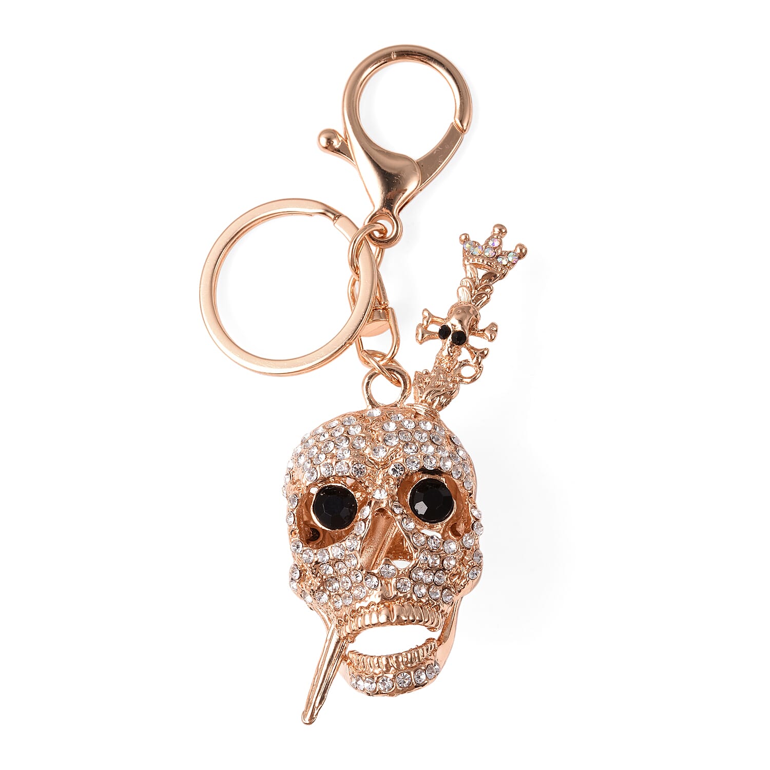 Set of 3 Austrian Crystal, Enamelled Triple Skull Design Keychains in Goldtone