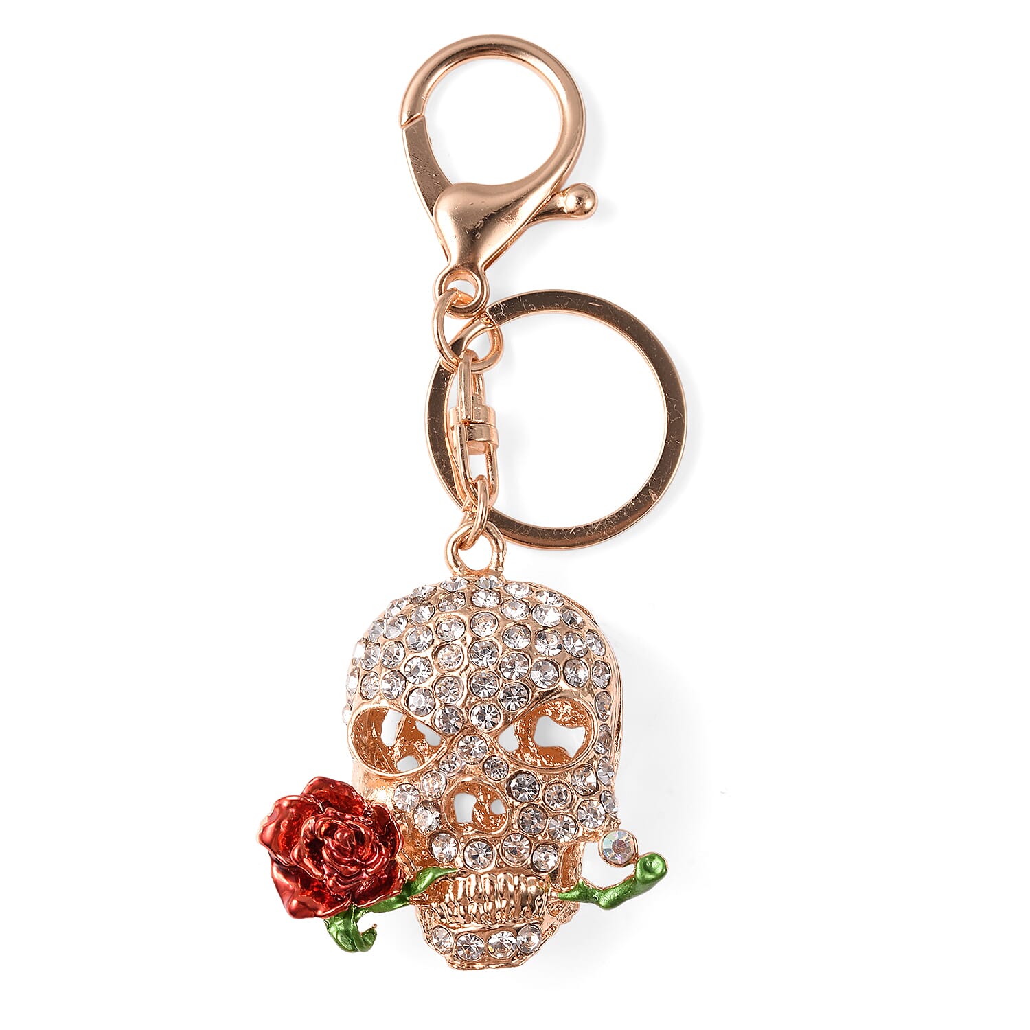 Set of 3 Austrian Crystal, Enamelled Triple Skull Design Keychains in Goldtone