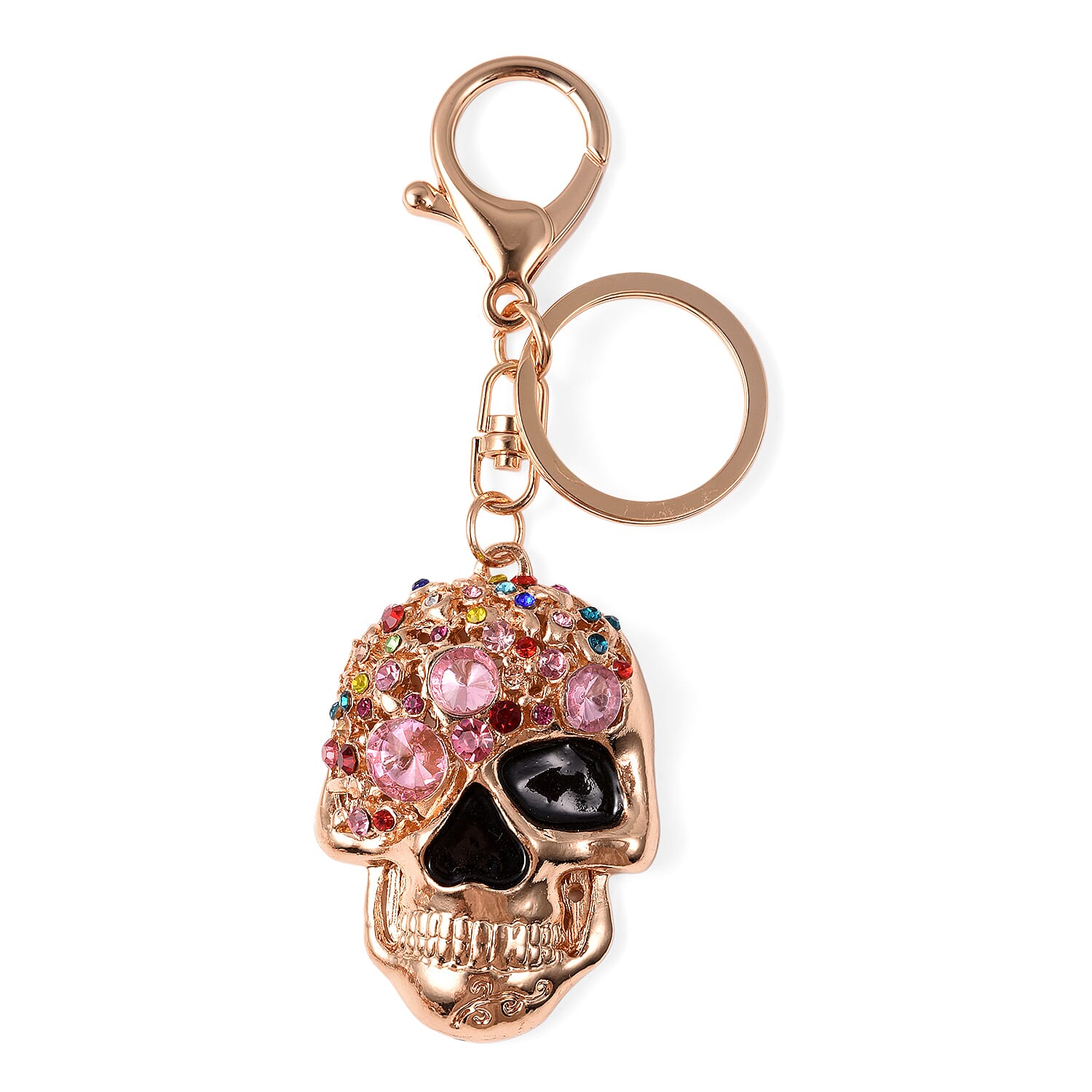 Set of 3 Austrian Crystal, Enamelled Triple Skull Design Keychains in Goldtone