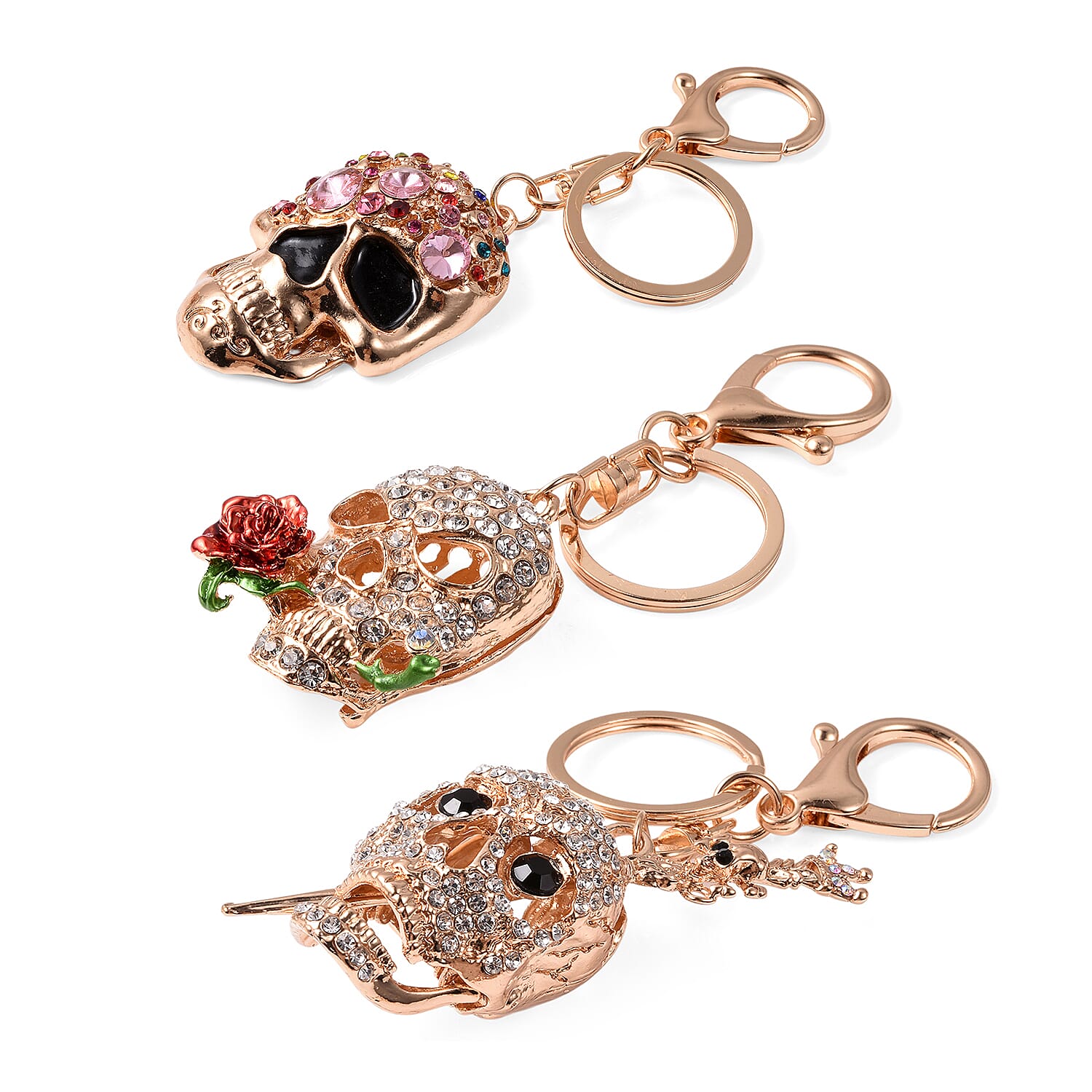 Set of 3 Austrian Crystal, Enamelled Triple Skull Design Keychains in Goldtone