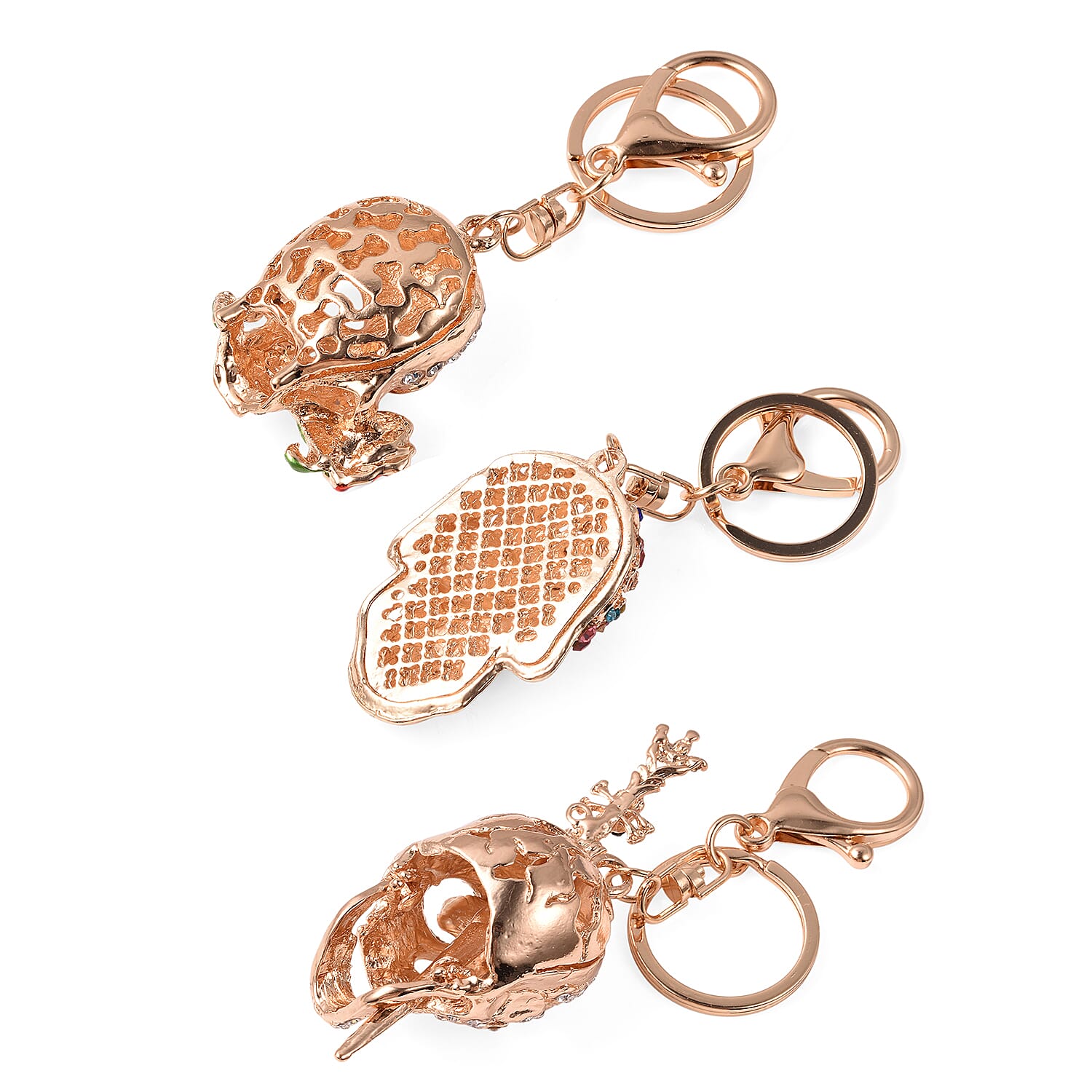 Set of 3 Austrian Crystal, Enamelled Triple Skull Design Keychains in Goldtone