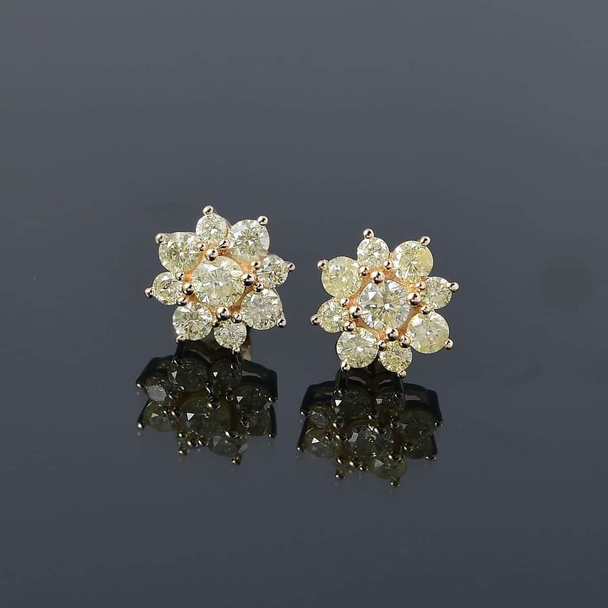  I2-I3 Natural Yellow Diamond Stud Earrings, 14K Yellow Gold Earrings, Yellow Diamond Floral Earrings, Gold Studs, Floral Studs 1.00 ctw image number 1