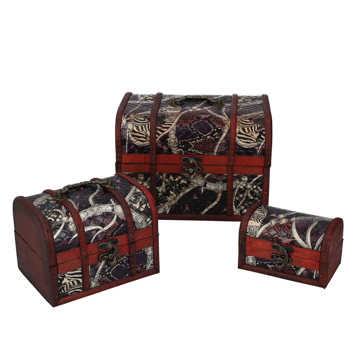Set of 3 Multi Pattern Faux Leather Ankur Treasure Chest Storage Box image number 0