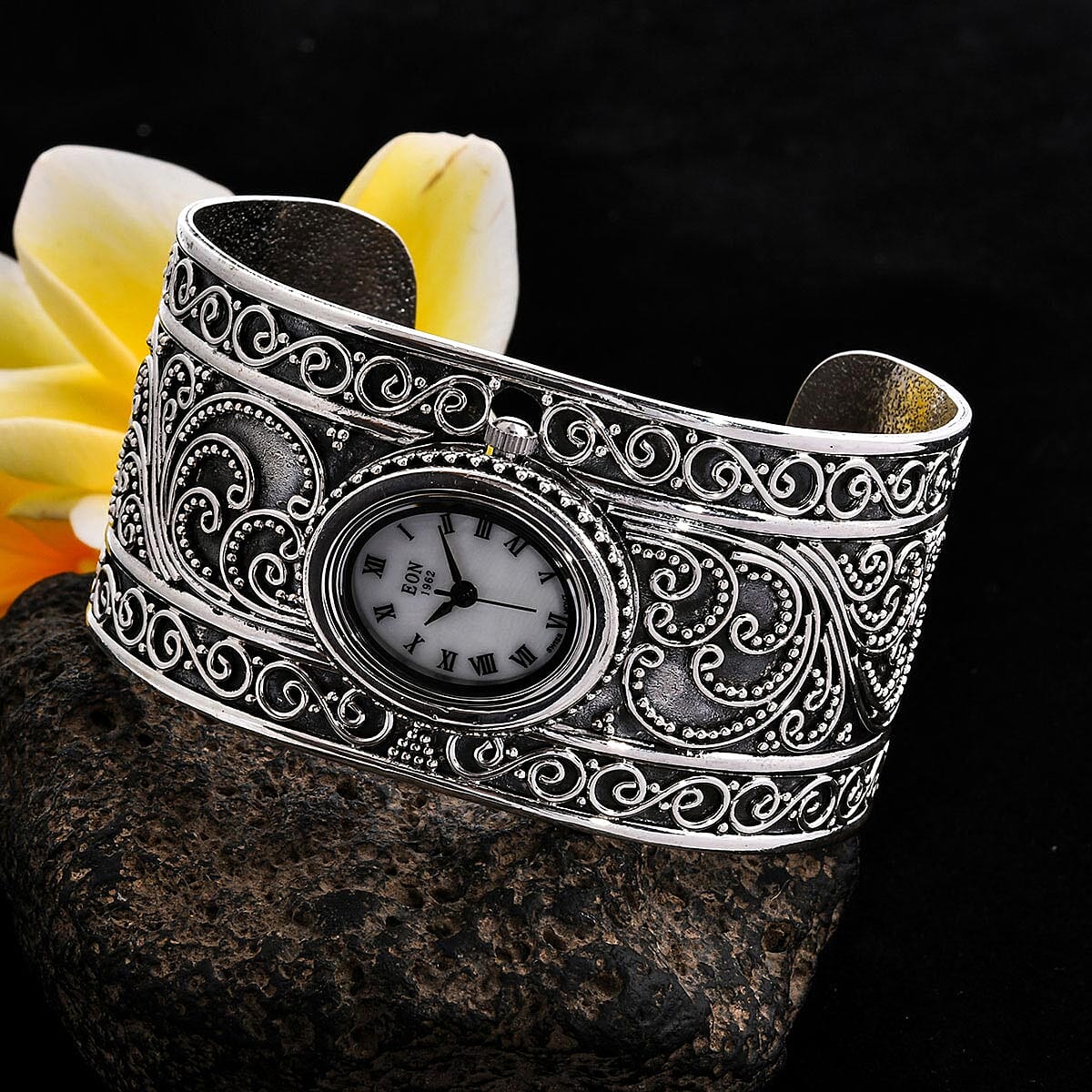 EON 1962 Swiss Movement Cuff Bracelet Watch in Sterling Silver with Stainless Steel Back (54 g) image number 1