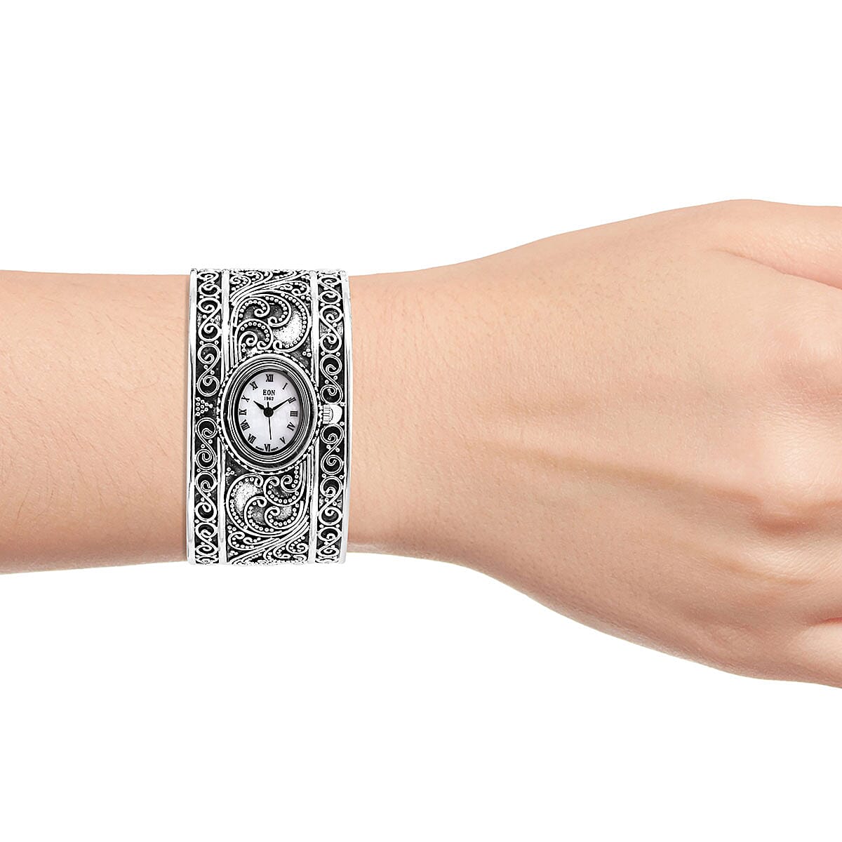 EON 1962 Swiss Movement Cuff Bracelet Watch in Sterling Silver with Stainless Steel Back (54 g) image number 2