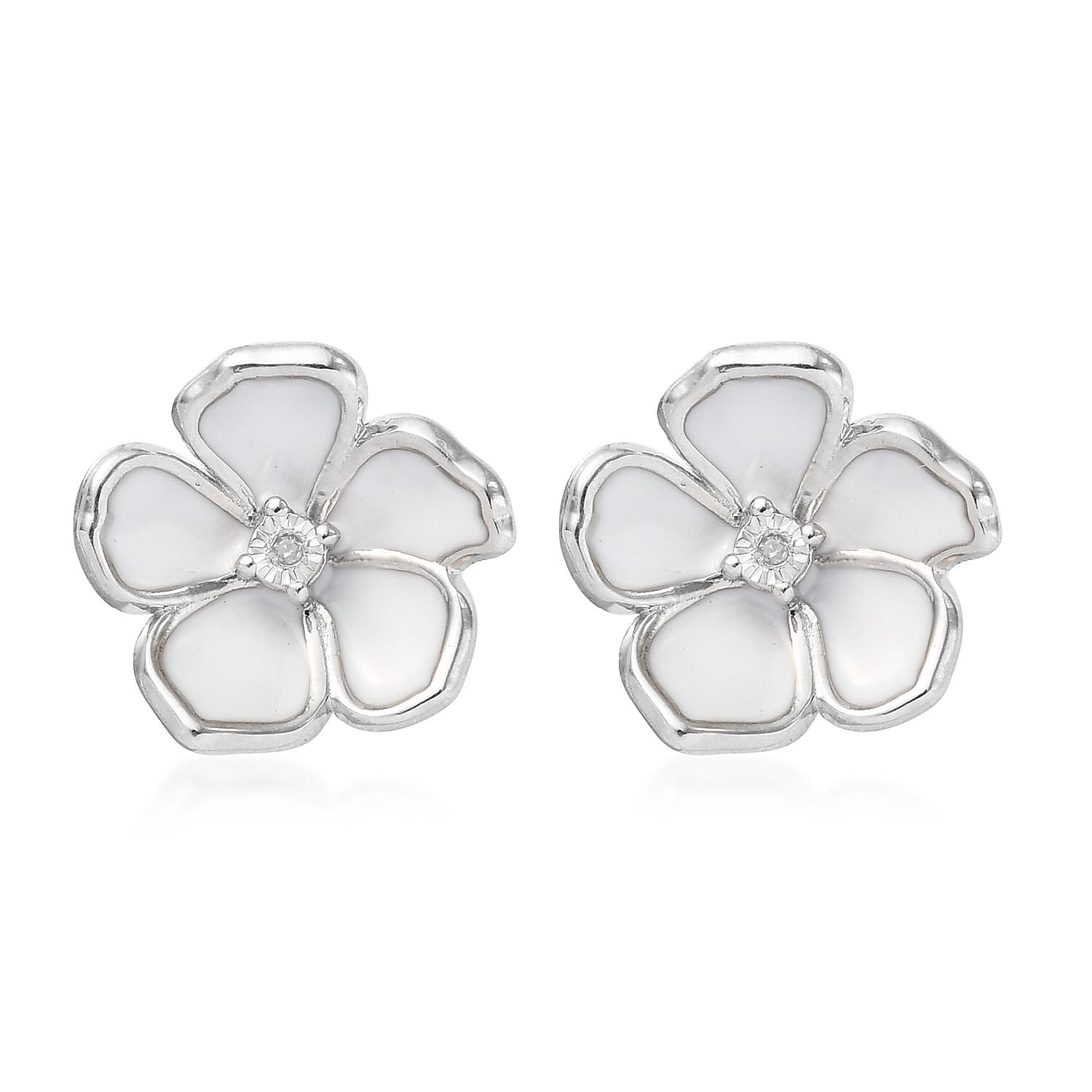 D'Joy Diamond Accent and Enameled Flower Stud Earrings in Platinum Over Sterling Silver