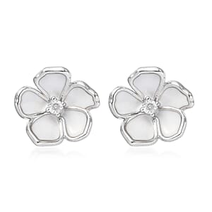 D'Joy Diamond Accent and Enameled Flower Stud Earrings in Platinum Over Sterling Silver
