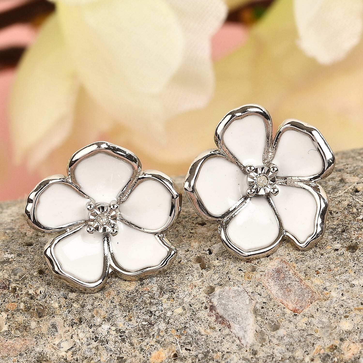 D'Joy Diamond Accent and Enameled Flower Stud Earrings in Platinum Over Sterling Silver