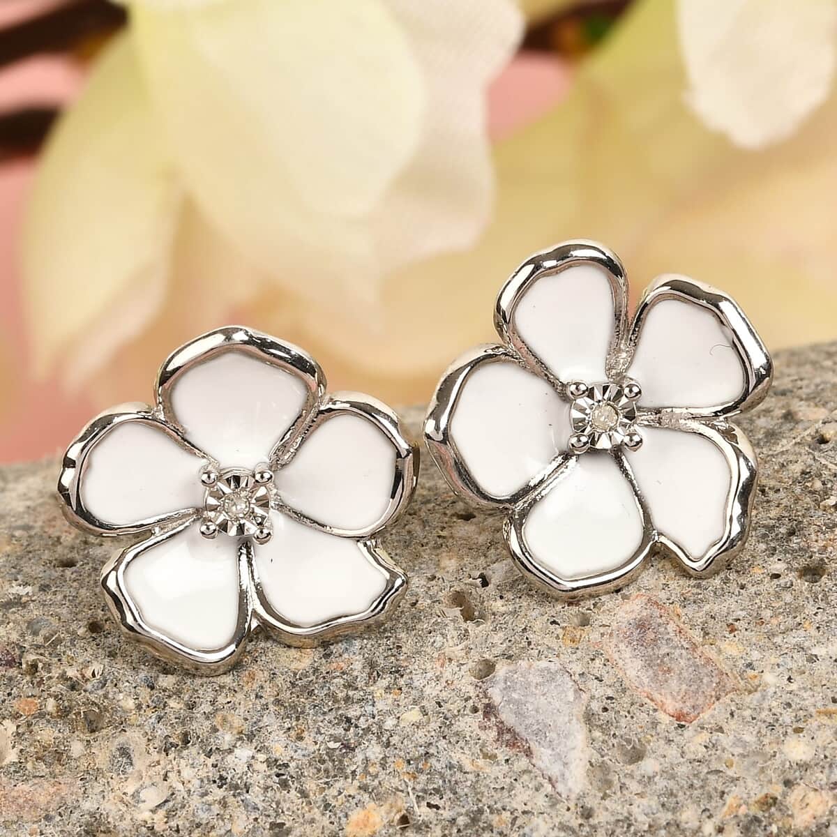 Diamond Accent and Enameled Flower Stud Earrings in Platinum Over Sterling Silver image number 1