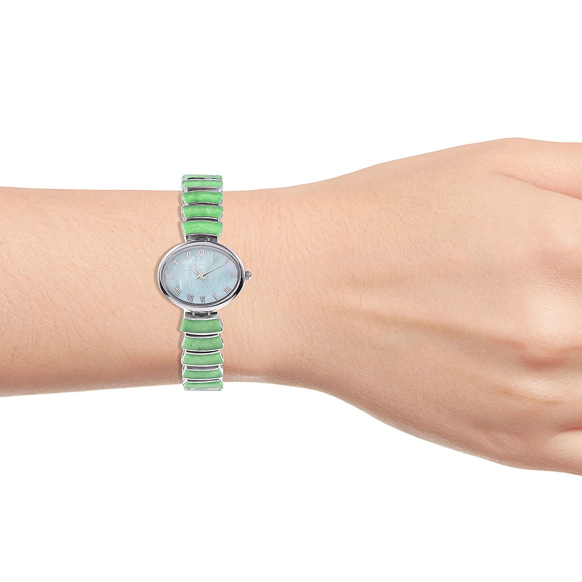 EON 1962 Green Jade Swiss Movement Bracelet Watch (6.5-8in) in Sterling Silver with Stainless Steel Back & Buckle (51.10 g) 19.00 ctw image number 1