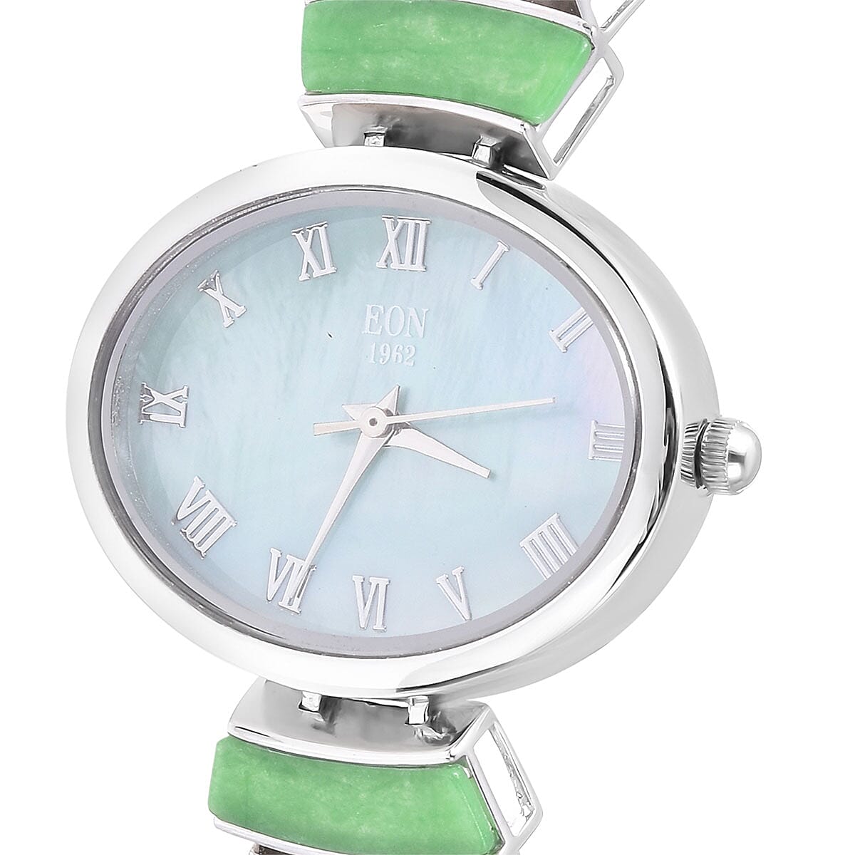 EON 1962 Green Jade Swiss Movement Bracelet Watch (6.5-8in) in Sterling Silver with Stainless Steel Back & Buckle (51.10 g) 19.00 ctw image number 2