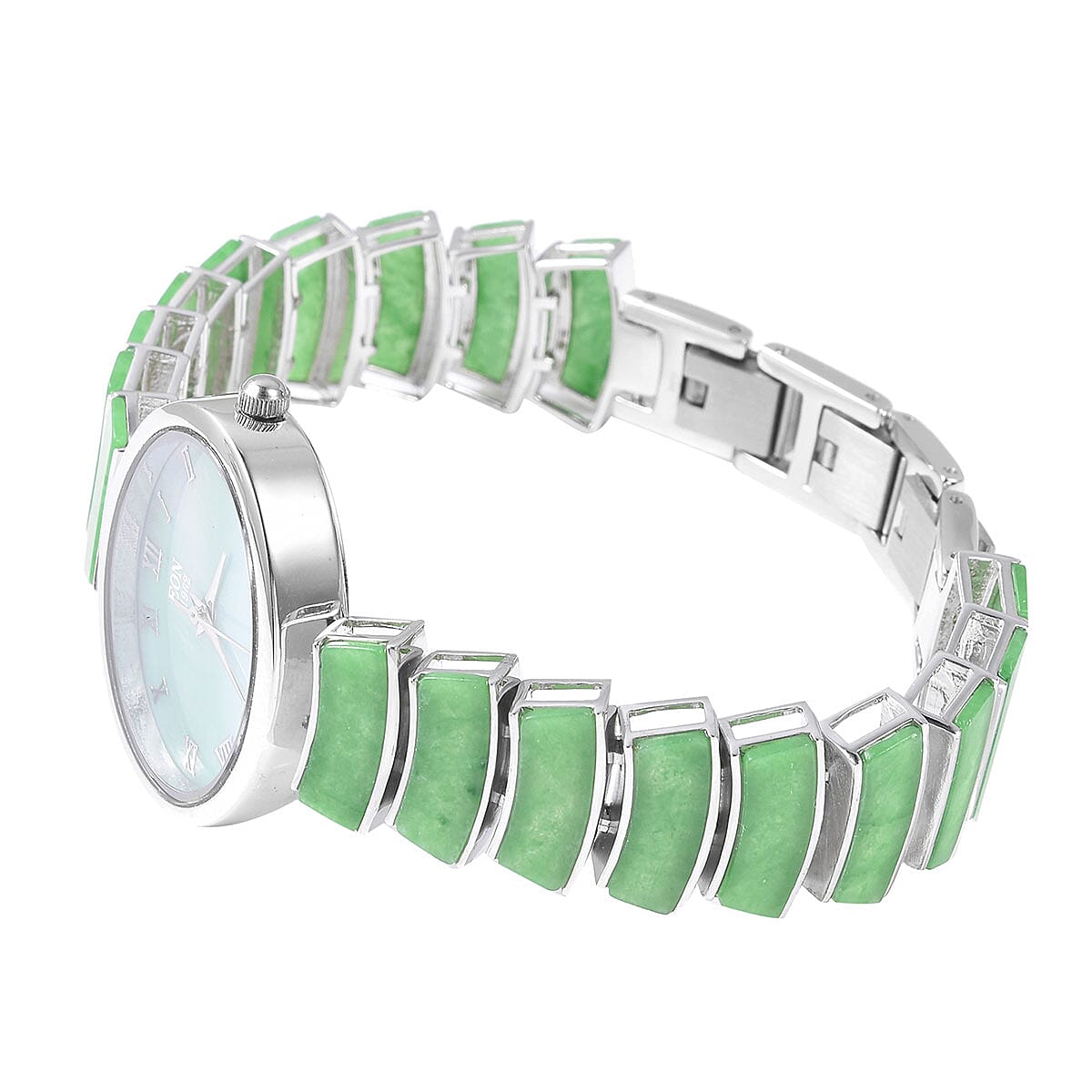 EON 1962 Green Jade Swiss Movement Bracelet Watch (6.5-8in) in Sterling Silver with Stainless Steel Back & Buckle (51.10 g) 19.00 ctw image number 3