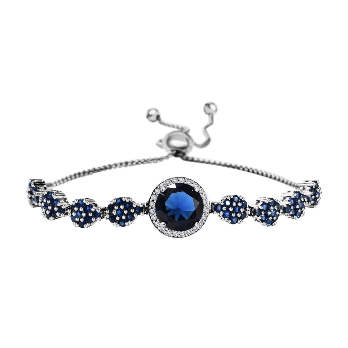 Simulated Blue Sapphire and Simulated Blue and White Diamond Bolo Bracelet in Silvertone & Stainless Steel 3.00 ctw image number 0