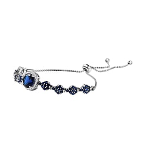 Simulated Blue Sapphire and Simulated Blue and White Diamond Bolo Bracelet in Silvertone & Stainless Steel