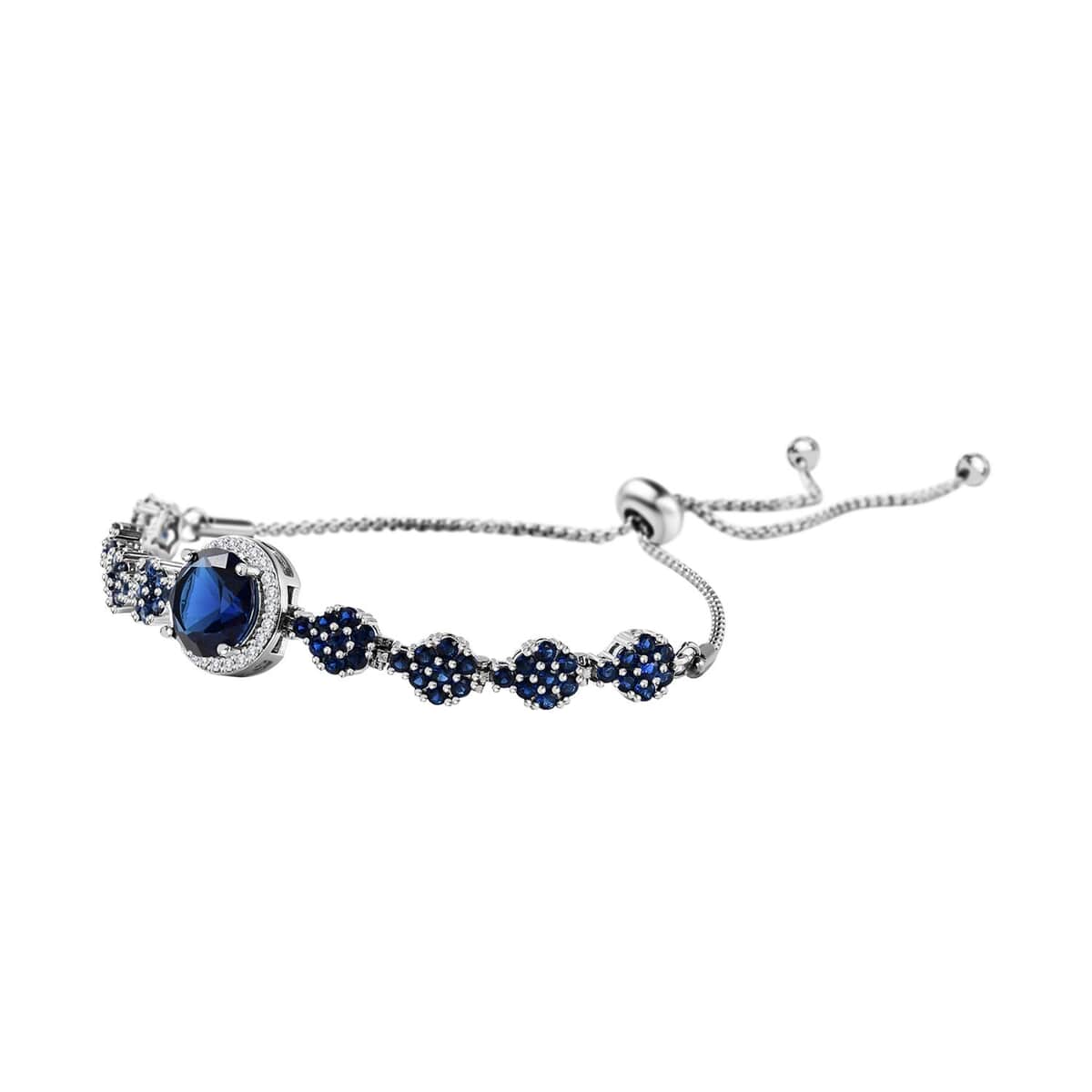 Simulated Blue Sapphire and Simulated Blue and White Diamond Bolo Bracelet in Silvertone & Stainless Steel 3.00 ctw image number 2