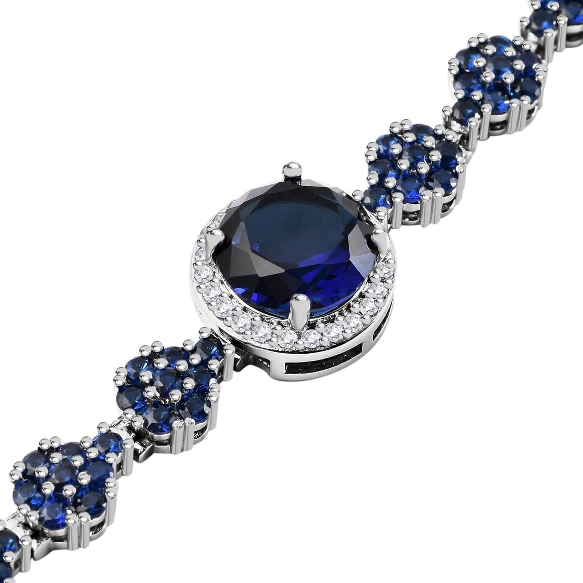 Simulated Blue Sapphire and Simulated Blue and White Diamond Bolo Bracelet in Silvertone & Stainless Steel 3.00 ctw image number 3