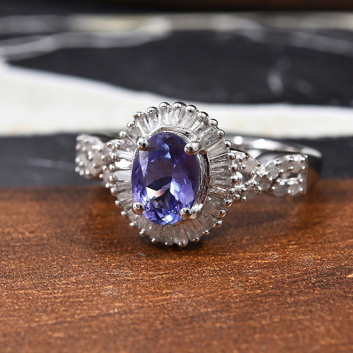 Tanzanite, Diamond (0.48 ct) Ring in Platinum Over Sterling Silver (Size 9.0) 1.75 ctw image number 1
