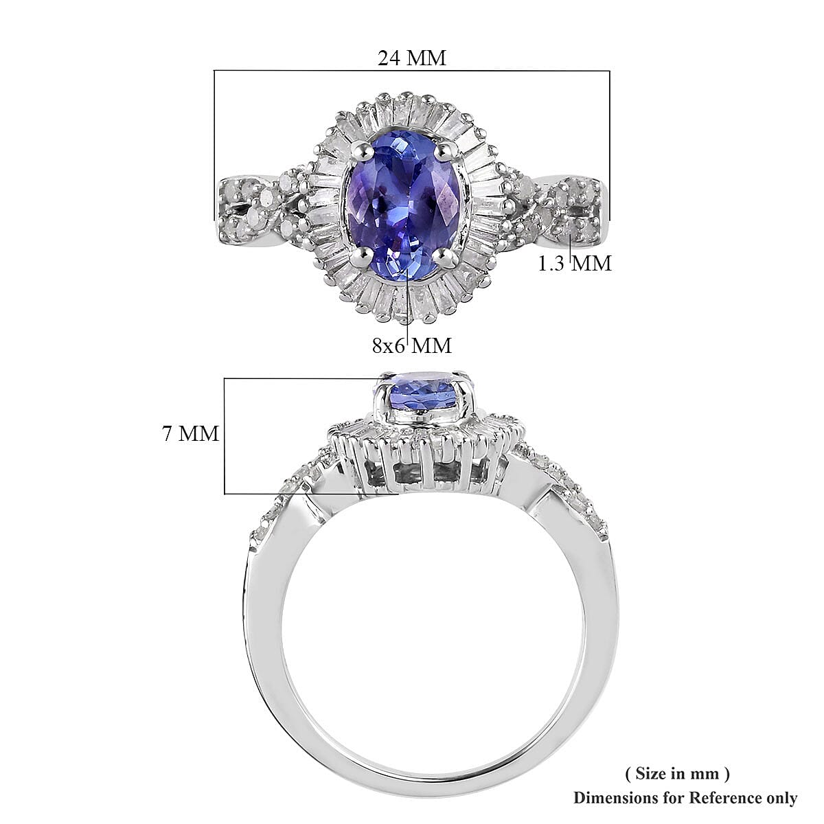 Tanzanite, Diamond (0.48 ct) Ring in Platinum Over Sterling Silver (Size 9.0) 1.75 ctw image number 5