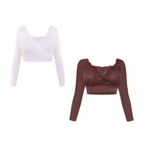 SANKOM PATENT Set of 2 classic support and Posture Corrector Laced Long Sleeve Bras L , White and Cocoa