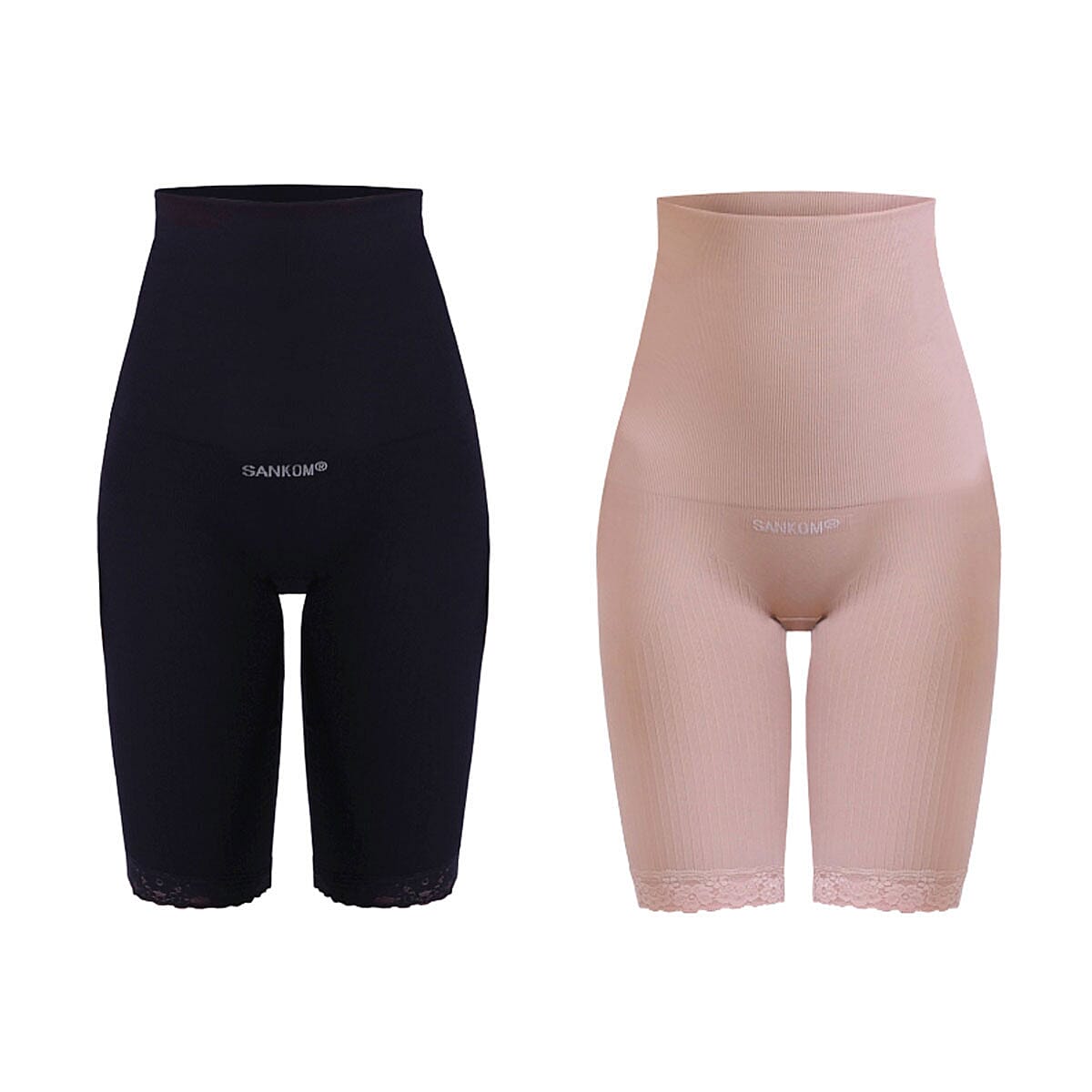 SANKOM Patent Set of 2 Classic Lace High Waist Mid Thigh Shaper - L/XL | Black and Beige image number 0