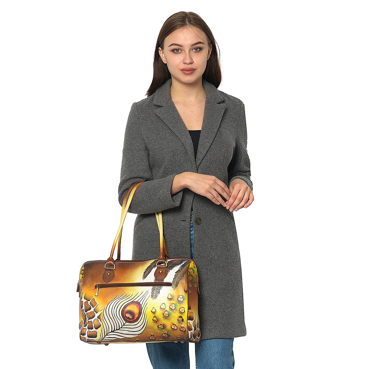 SUKRITI - Brown Peacock Feather Hand Painted 100% Genuine Leather Shoulder Bag image number 1