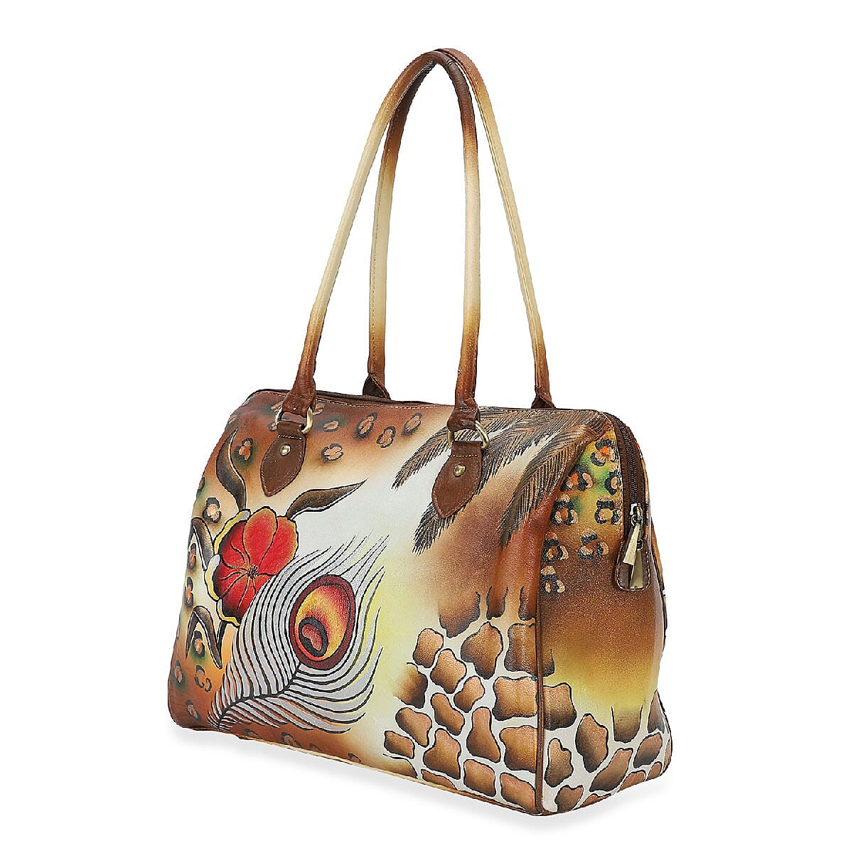 SUKRITI - Brown Peacock Feather Hand Painted 100% Genuine Leather Shoulder Bag image number 3