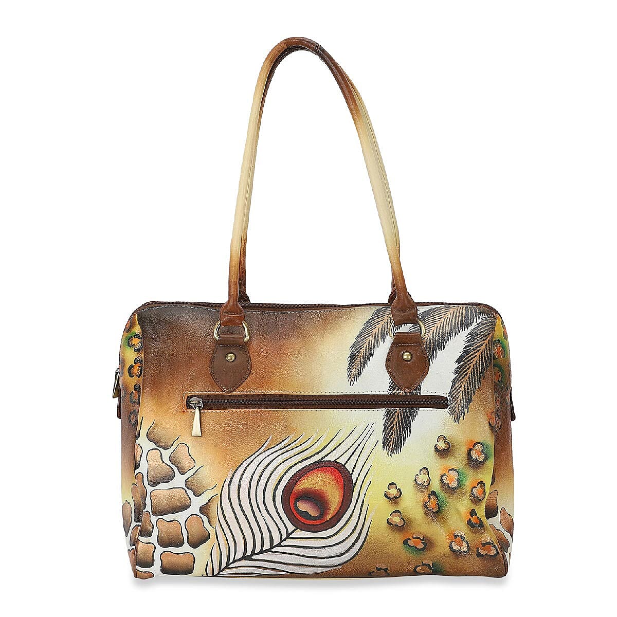 SUKRITI - Brown Peacock Feather Hand Painted 100% Genuine Leather Shoulder Bag image number 4