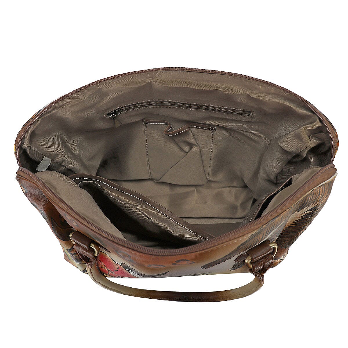 SUKRITI - Brown Peacock Feather Hand Painted 100% Genuine Leather Shoulder Bag image number 5