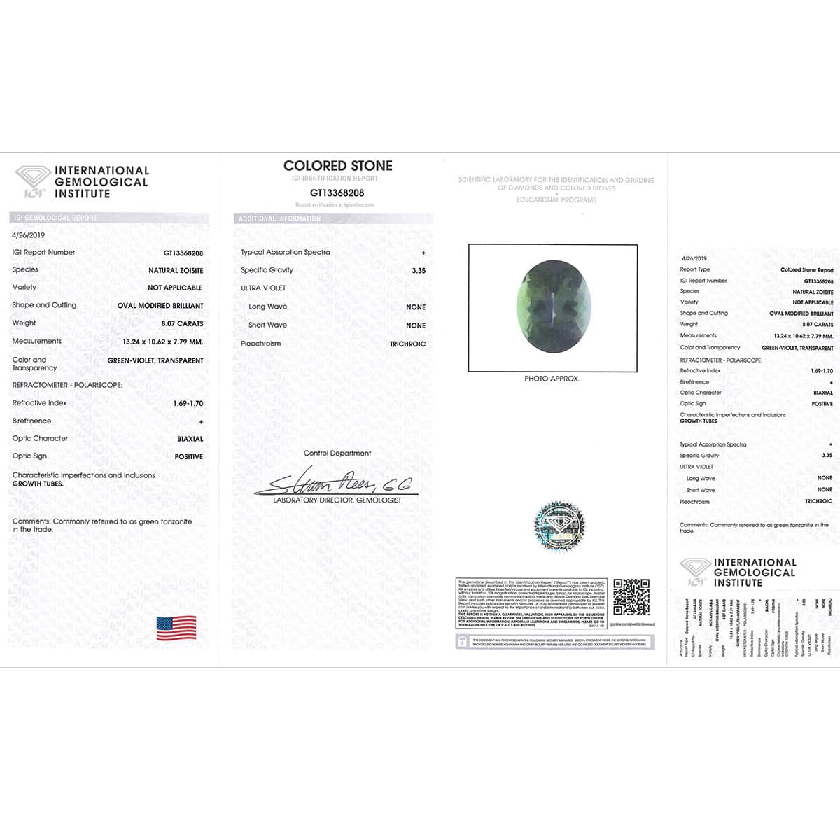 IGI Certified AAAA Green Tanzanite Faceted (Ovl 13.24x10.62 mm) 8.07 ctw, Loose Gem , Loose Gemstones , Loose Stones , Jewelry Stones image number 2