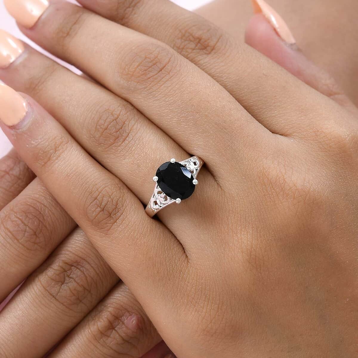 Australian Black Tourmaline Solitaire Ring in Sterling Silver (Size 5.0) 2.90 ctw image number 2