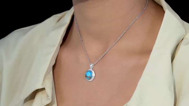 4.60 ctw Matrix Chestnut Brine Turquoise Pendant Necklace 20 Inch in Sterling Silver and Stainless Steel
