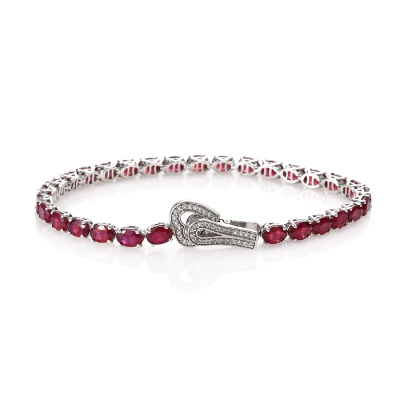 Niassa Ruby (FF) and White Zircon 20.25 ctw Tennis Bracelet with Heart Alligator Clasp in Platinum Over Sterling Silver  (8.00 In) 11 Grams