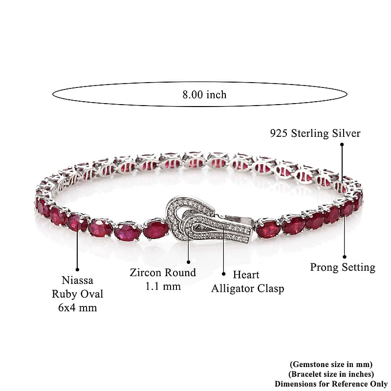 Niassa Ruby (FF) and White Zircon 20.25 ctw Tennis Bracelet with Heart Alligator Clasp in Platinum Over Sterling Silver  (8.00 In) 11 Grams