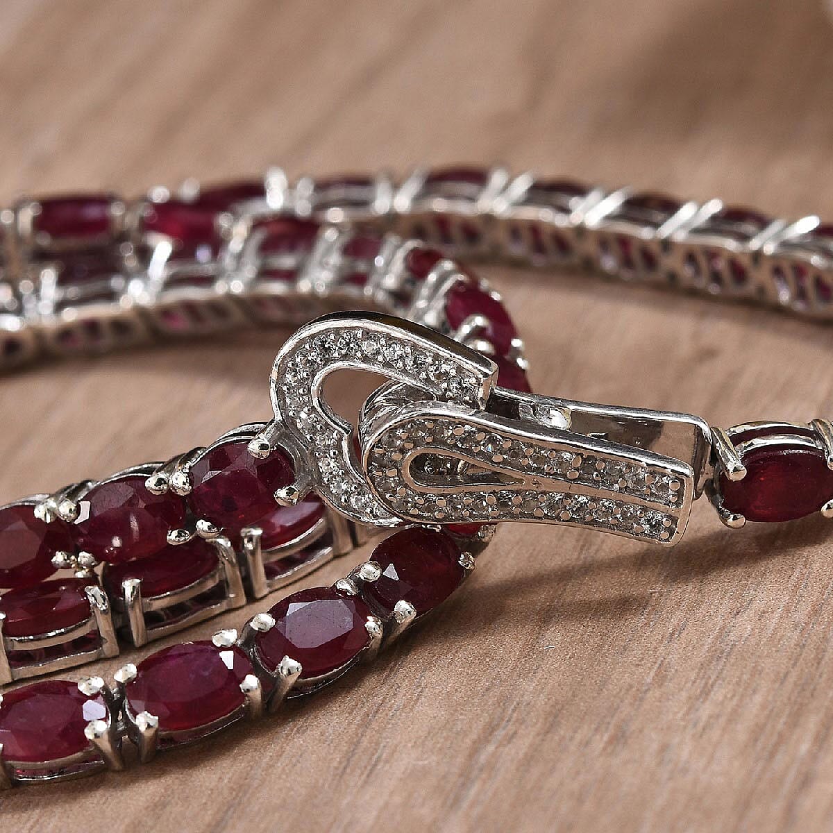 Niassa Ruby and Zircon Tennis Necklace with Heart Alligator Clasp 18 Inch in Platinum Over Sterling Silver 45.80 ctw image number 1