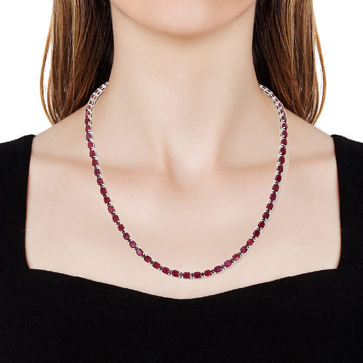 Niassa Ruby and Zircon Tennis Necklace with Heart Alligator Clasp 18 Inch in Platinum Over Sterling Silver 45.80 ctw image number 2