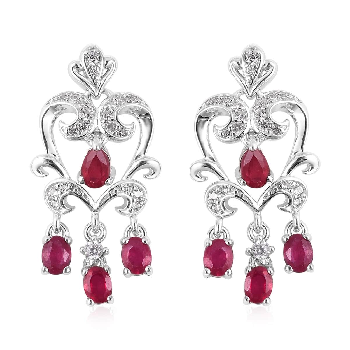 Niassa Ruby (FF) and White Zircon Chandelier Earrings in Sterling Silver 2.70 ctw image number 0