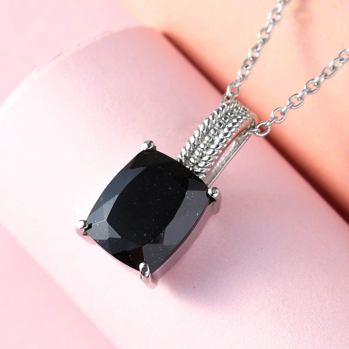 Australian Black Tourmaline Solitaire Pendant Necklace For Women in Stainless Steel image number 2