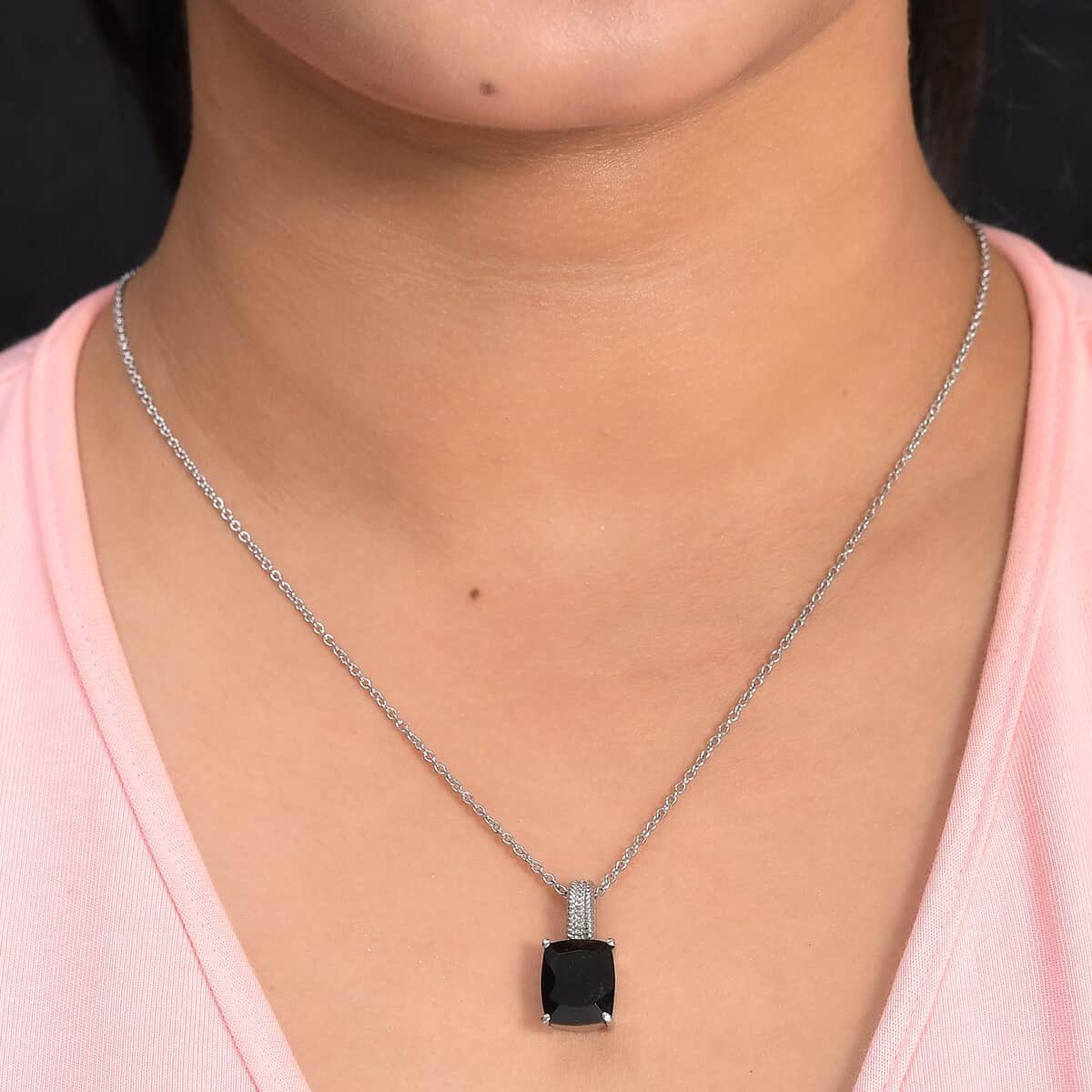 Australian Black Tourmaline Solitaire Pendant Necklace For Women in Stainless Steel image number 3