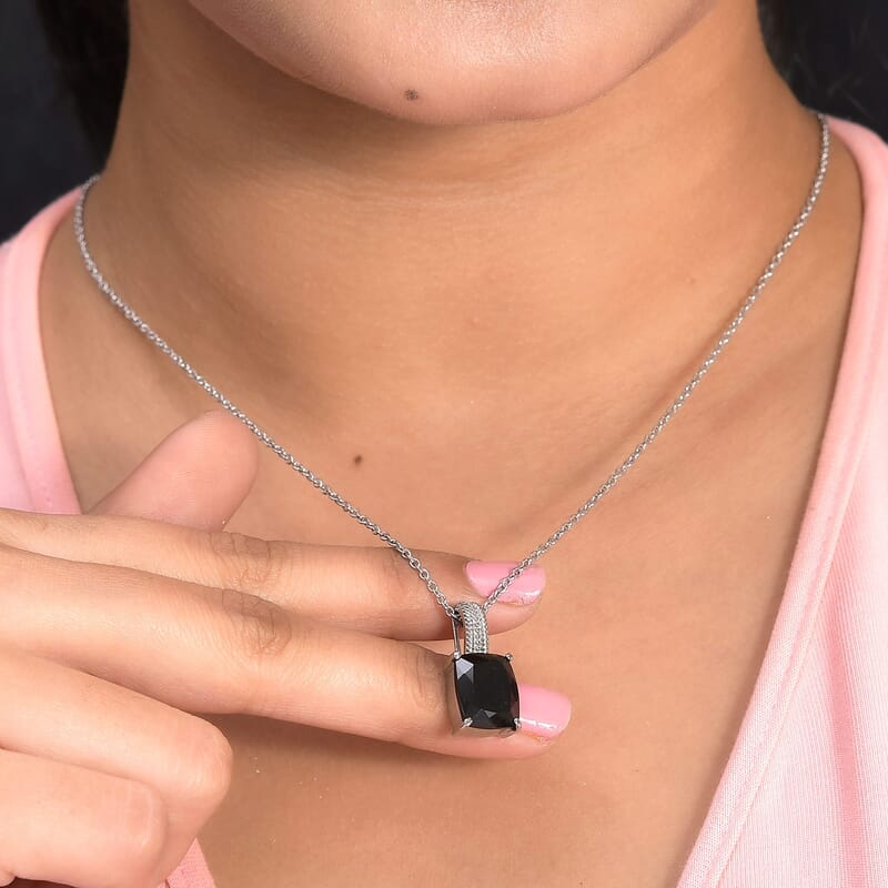 Australian Black Tourmaline 6.25 ctw Solitaire Pendant Necklace For Women in Stainless Steel 20 Inches