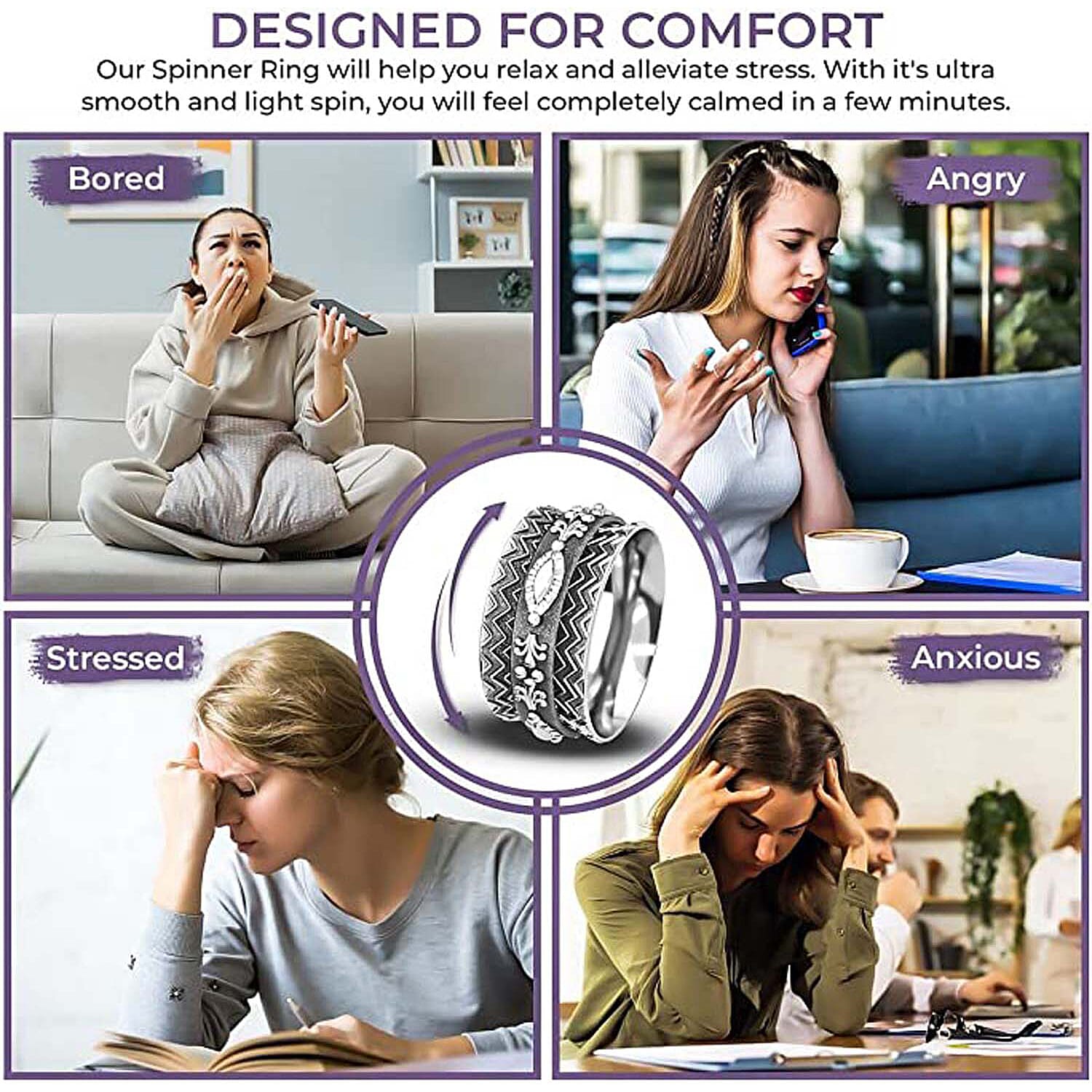 Chevron Spinner Ring in Sterling Silver, Anxiety Ring for Women, Fidget Rings for Anxiety for Women, Stress Relieving Anxiety Ring (Size 8.0) (4.50 g)