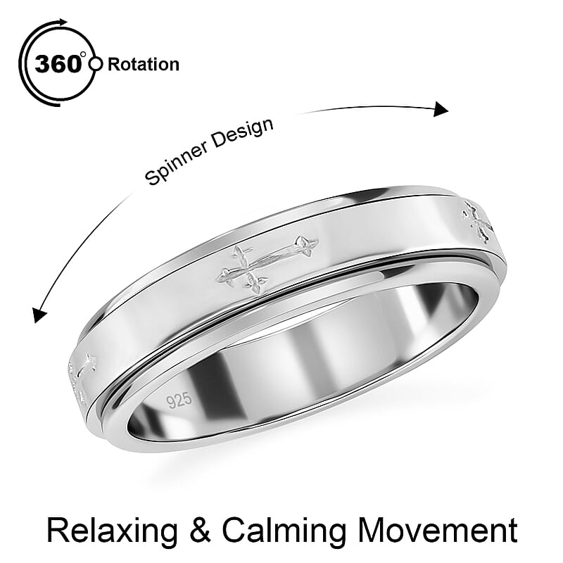 Cross Engraved Spinner Ring in Sterling Silver, Anxiety Ring for Women, Fidget Rings for Anxiety for Women, Stress Relieving Anxiety Ring, Promise Rings (Size 6.0) (4.75 g)