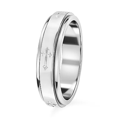 Cross Engraved Spinner Ring in Sterling Silver, Anxiety Ring for Women, Fidget Rings for Anxiety for Women, Stress Relieving Anxiety Ring, Promise Rings (Size 6.0) (4.75 g)